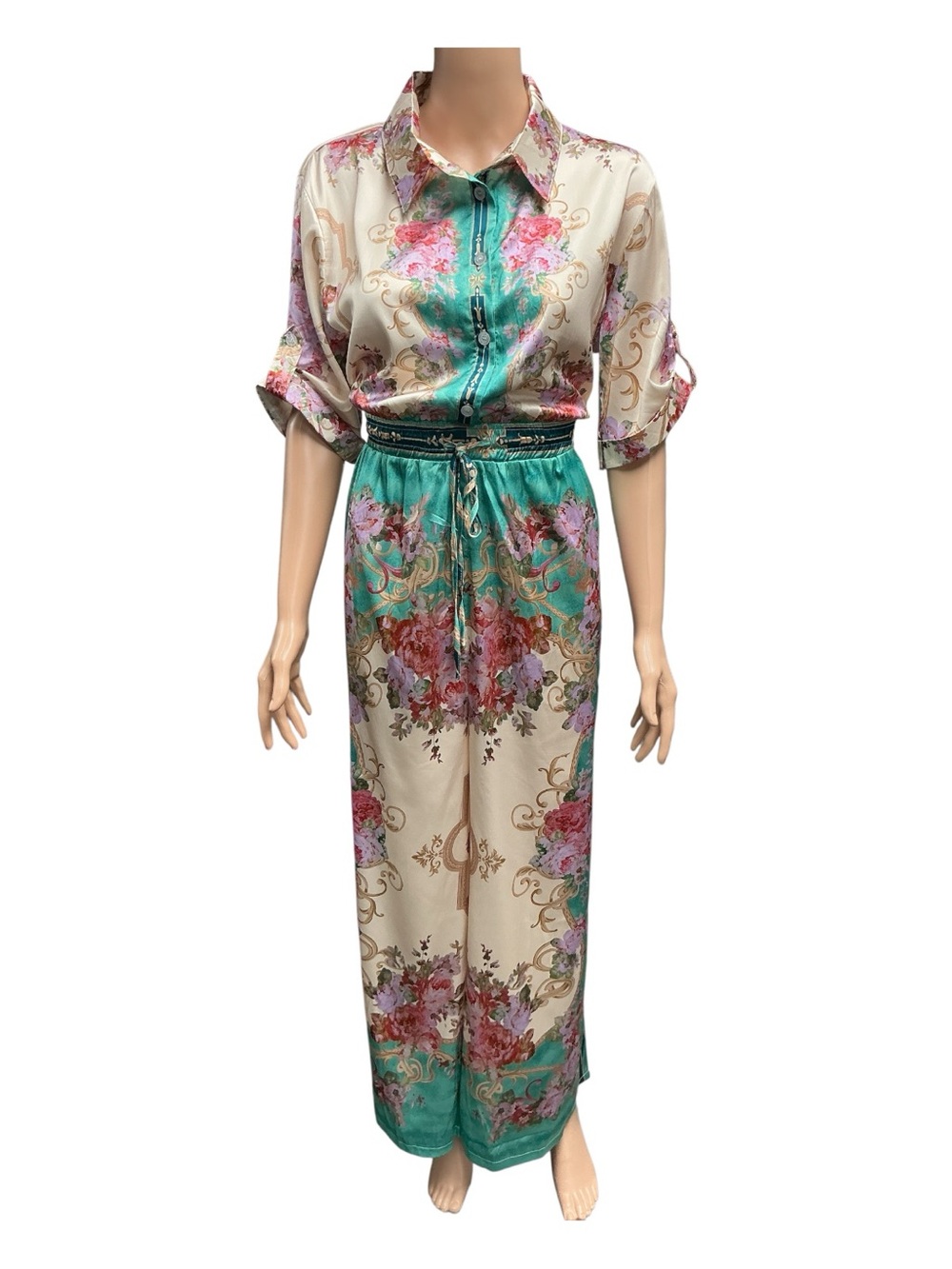 Eden Society - NWT - Floral Satin Shirt Jumpsuit in Teal & Cream - Picture 5 of 6